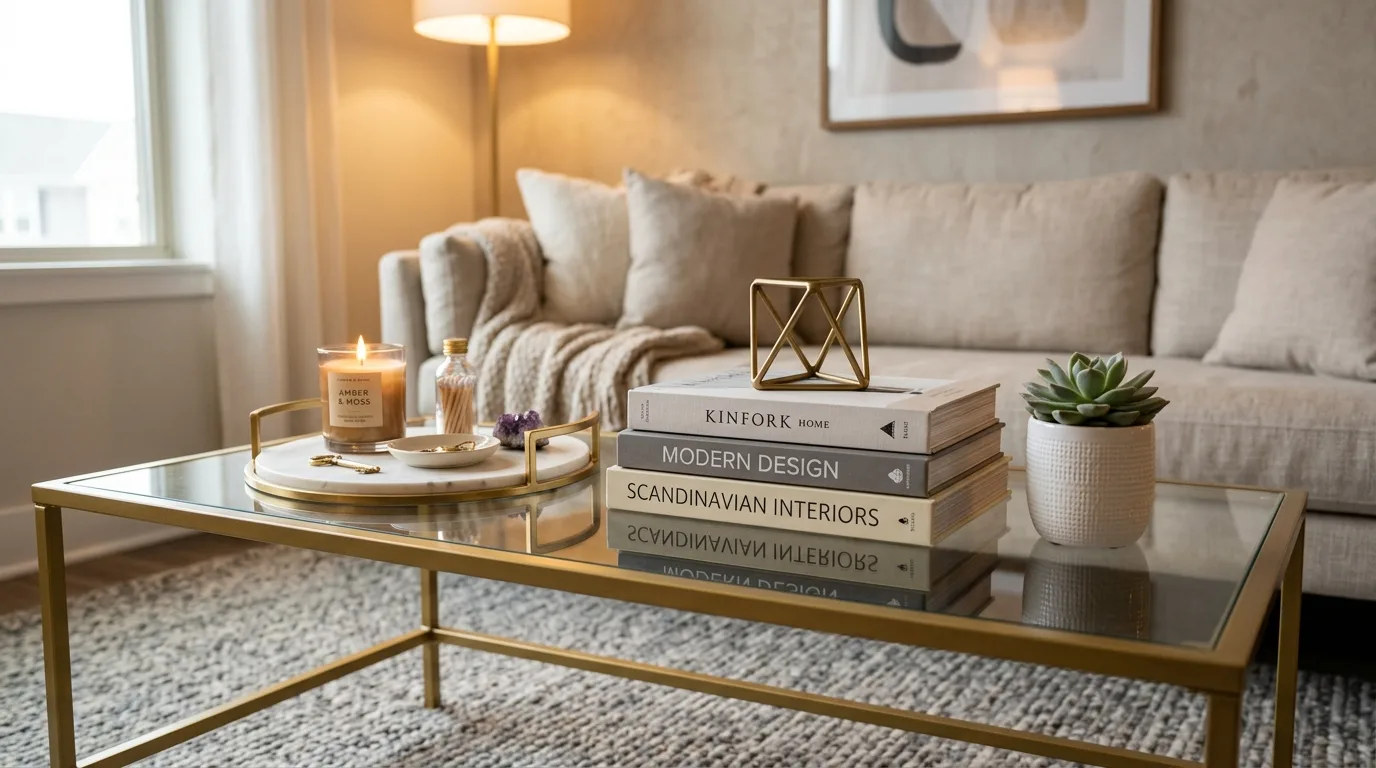 Stack books to build height and rhythm inspiration for a coffee table centerpiece.